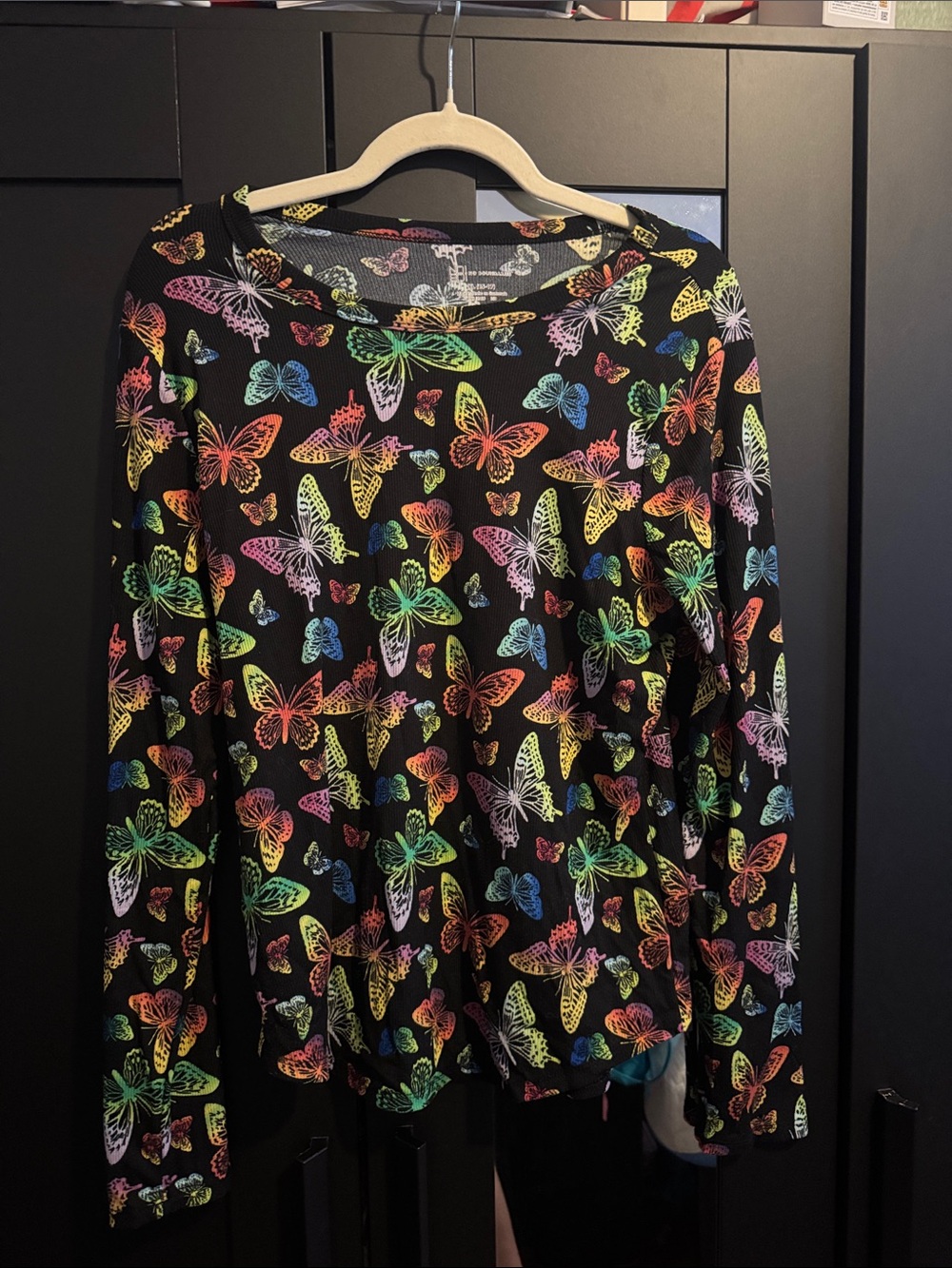 No Boundaries Black Long Sleeve Tee with Multicolor Butterfly Print
